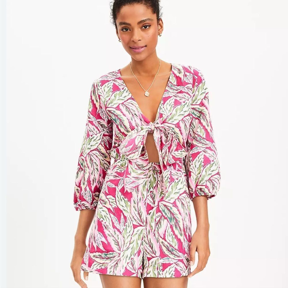 LOFT Beach Palm Tie Front Linen Pink Floral Print 3/4 Puff Sleeve Romper, Size M
